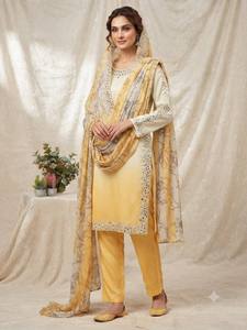 Yellow Embroidered Indian Pakistani Traditional Dress Women Ankle-Length Cotton Regular Fit Casual Wear - Product Image 2