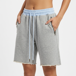 Men's Gray Cotton Bermuda <b>Shorts</b> <b>With</b> Blue Waistband Drawstring <b>Zip</b> <b>Pockets</b> Casual Loose Fit Raw Hem - Product Image 6