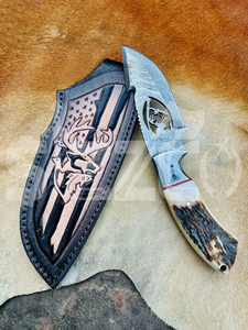 Cuchillo de caza OEM Wirecut de acero de Damasco, tipo Skinner, con mango de asta de ciervo, hoja fija, para camping, actividades al aire libre y EDC, con funda de cuero. - Product Image 4