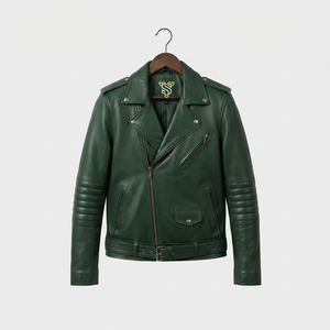 Chaqueta de Motociclista de Cuero Verde para Hombre, Corte Ajustado, Cuello Camisero, Cierre de Cremallera, Manga Larga, Estilo Otoño-Invierno - Product Image 1