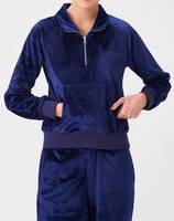 Ensemble de survêtement en velours bleu pour femmes, sweat-shirt à capuche à demi-zip et pantalon large pour l'automne et l'hiver