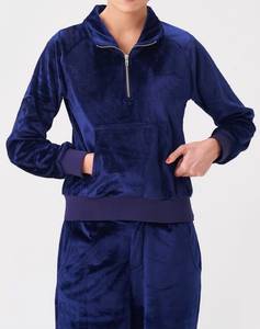<b>Women's</b> Blue Velour Tracksuit <b>Half</b> <b>Zip</b> Hooded <b>Sweatshirt</b> and Wide Leg Pants Set for Autumn Winter - Product Image 4
