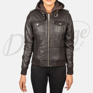 Women Dark <b>Brown</b> Real <b>Leather</b> <b>Jacket</b> with Removable Hood Slim Fit Premium Sheepskin Winter Biker Style Multi-Pocket Outerwear - Product Image 6