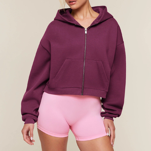 Women's Oversized Hooded <b>Zip</b>-<b>Up</b> Sweatshirt Drop Shoulder Solid Color Full Sleeve Cropped Fleece Autumn Wear - Product Image 2