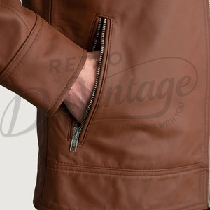 Chaqueta de cuero marrón para hombre, piel de oveja auténtica, corte ajustado, para otoño e invierno, estilo casual, tipo moto, con cuello de camisa y cierre de cremallera. - Product Image 2