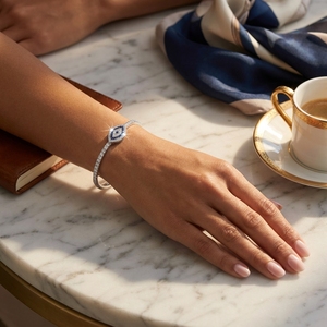 RCK Global Vintage <b>Evil</b> <b>Eye</b> Bangle <b>Bracelet</b> 14K White Gold Plated 925 Sterling <b>Silver</b> Blue VVS1 Moissanite Protective Cuff Gift - Product Image 4