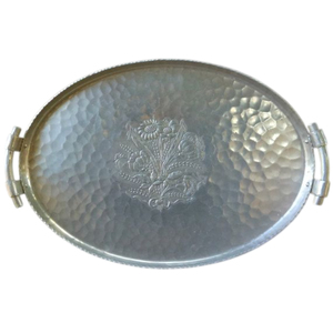 Plateau de service marocain en laiton fait main, plateau à thé en métal plaqué argent antique, plat rond décoratif gravé avec poignée pour la maison - Product Image 3