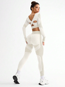Women 2 Piece Yoga Set White Solid Scoop Neck <b>Crop</b> <b>Top</b> High Waist Full Length Leggings Breathable Spandex Polyester Seamless - Product Image 3