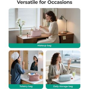 Borsa da Viaggio per Trucchi Rettangolare Viola Ampia e Aperta, Trapuntata con Imbottitura Morbida - Product Image 4