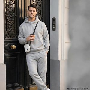 Men's Solid Gray Hooded Tracksuit Full Length 100% Cotton Casual Athletic Wear with Drawstring Closure and Side Pockets - Product Image 3