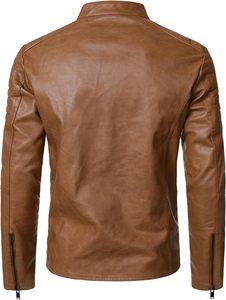 Men's Tan Camel Honey Brown PU Faux <b>Leather</b> Cafe Racer <b>Jacket</b> Band Stand Collar Snap Button Ribbed Padded Sleeve - Product Image 3