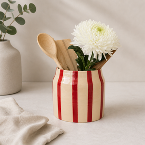 Hand Glazed Ceramic Utensil Holder <b>Red</b> Stripe Pattern Chip Resistant Finish Heat Safe Durable <b>Kitchen</b> Counter Storage Organizer - Product Image 1