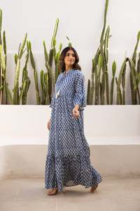 Vestido Maxi Boho Estampado 100% Algodón Ecológico con Borlas, Cuello Mandarín, Manga Campana, Corte Holgado, Patrón Geométrico, Formal, Verano - Product Image 4