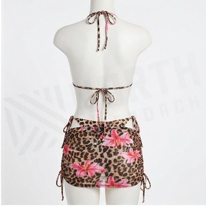 Blue Butterfly Print 2 Piece Yoga <b>Set</b> With Gold Trim Deep V Neck Halter Bodysuit And Knee Length Wrap <b>Skirt</b> - Product Image 2