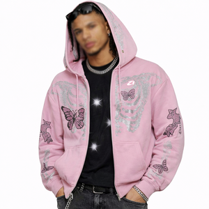 Sudadera con capucha y cremallera completa de algodón polar con estampado gráfico de calavera flameante y pedrería, estilo oversize streetwear, personalizable con marca, suministro de fábrica - Product Image 5