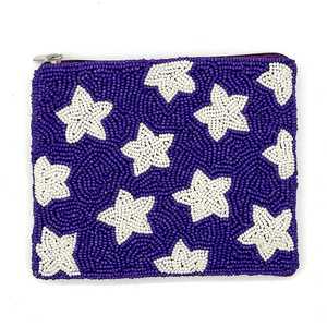 Beaded Purple Cosmetic <b>Bag</b> with White Star Pattern Zipper Closure Bohemian Style Small Portable Makeup Case - Product Image 1