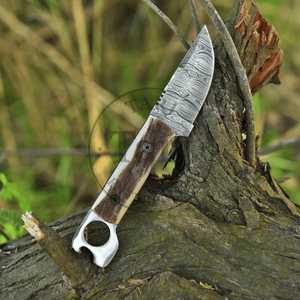 Couteau de chasse artisanal en acier Damas, couteau utilitaire fixe pour l'extérieur, manche droit en bois de cerf, gaine en cuir de qualité industrielle OEM, vente en gros - Product Image 4