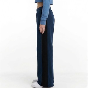 Women Navy Blue Wide Leg <b>Pants</b> High Waist Elastic Drawstring Loose Fit Casual Lounge Trousers Side Stripe Knitted Spandex Cotton - Product Image 3
