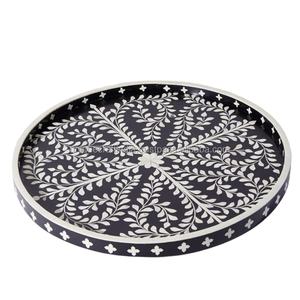 Plateau de service rond en os blanc et bleu marine avec incrustations florales, plateau décoratif artisanal pour la salle à manger, la table basse et la décoration de la maison - Product Image 6