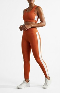 Women Yoga Set <b>Orange</b> Racerback Sports Bra High Waist <b>Leggings</b> Full Length Seamless Side Stripe Breathable Workout 2 Piece Set - Product Image 3