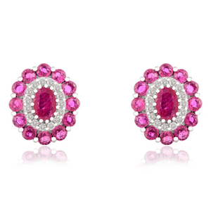 14K Solid White Gold Art Deco Ruby Diamond Flower Cluster Stud <b>Earrings</b> - Product Image 2