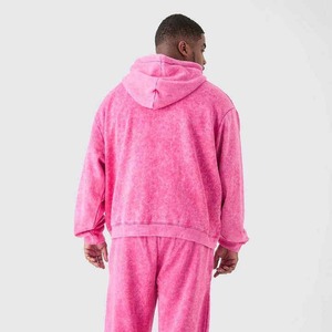 Men's <b>Pink</b> Fleece Hooded Zip-Up <b>Tracksuit</b> Full Sleeve Loose Fit Casual Winter Wear Solid Color Side Pockets 100% Polyester - Product Image 2