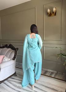 NUEVO CONJUNTO FARSHI SALWAR ESPECIAL PARA FIESTAS DE EID, TELA DE SEDA CRUNCHY CON TRABAJOS DE SIROSKI, TOP DUPPTA, LISTO PARA USAR, ELÁSTICO Y DE SECADO RÁPIDO - Product Image 4