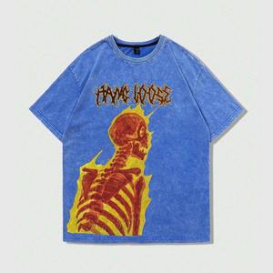 Camisetas Casuales de Manga Corta para Hombre con Estampado DTG Personalizado, Lavado Ácido, Diseño de Calavera en Llamas, Cuello Redondo, Tela de Algodón - Product Image 1