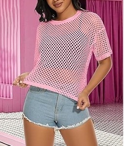 Camiseta de malla rosa de manga corta para mujer con tela transpirable personalizable para uso en exteriores y playa, camisas transparentes de malla de red. - Product Image 6