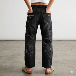 Jean cargo en denim personnalisé avec logo, multi-poches, streetwear, coupe ample, jambe large, vintage, délavé, effet usé, droit, tendance - Product Image 2