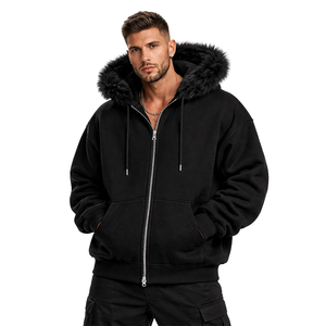 Sweat-shirt à capuche zippé en fourrure noire pour homme, sweat-shirt à capuche oversize en polaire d'hiver, veste décontractée streetwear avec poches - Product Image 4