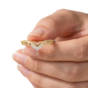 Minimalist Curved Ring Wholesale Round Cut Lab Diamond 18K Solid Gold Curved Wedding Band Filigree Engraved Chevron Bridal Ring - Product Image 6