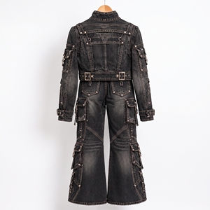 Womens <b>Black</b> Denim Cargo Two Piece Set <b>Cropped</b> Jacket Wide Leg Jeans Gothic Streetwear Fashion Wholesale - Product Image 6
