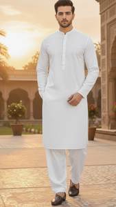 Ensemble Kurta Pyjama en Coton Blanc pour Homme Coupe Classique Longueur Cheville Style Traditionnel Décontracté Inde Pakistan Toutes Saisons - Product Image 5