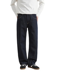 À la mode hommes Denim 2025 mode coupe ample Stretch étiquette personnalisée haute rue droite taille moyenne Denim pantalon Direct usine - Product Image 1