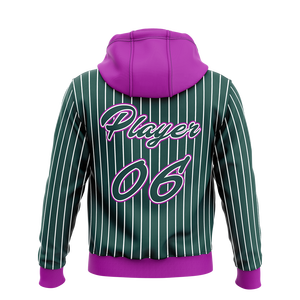 เสื้อฮู้ดดี้ผู้ชายลายทางสีเขียวพิมพ์ลายตามสั่งขายส่ง พร้อมเชือกผูกสีม่วง กระเป๋าจิงโจ้ เสื้อสวมหัวลำลอง สไตล์สปอร์ต ผ้าเทอร์รี่ - Product Image 2
