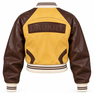 Custom Unisex Yellow Brown Real <b>Leather</b> Varsity <b>Jacket</b> Embossed Logo Back Two Tone Letterman Baseball <b>Bomber</b> Coat Outerwear - Product Image 2
