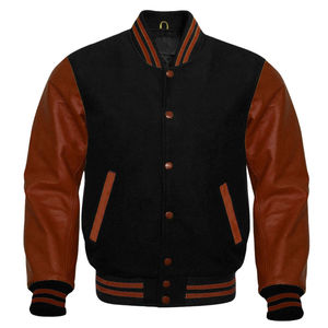 Men's Black Wool Varsity <b>Jacket</b> With Brown Leather Sleeves And Horn Buttons Casual Autumn Wear - Product Image 1