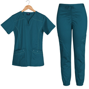 Women's Teal <b>Scrub</b> <b>Top</b> Short Sleeve V-Neck Medical Uniform Hospital Use Cotton Canvas Needle Detection Seamless Fusing - Product Image 2