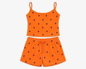 Ensemble 2 pièces décontracté en coton tricoté pour femme, imprimé fraises orange, débardeur et short, respirant, coupe classique, printemps-été - Product Image 2