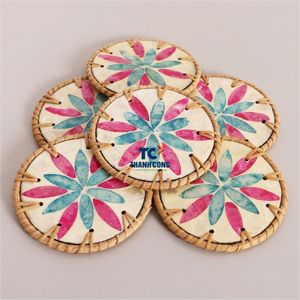 Vibrant Pink and Blue Floral Classic Round RATTAN SHELL INLAY Eco-Friendly Insulated <b>DRINK</b> <b>COASTERS</b> and CUP PADS - Product Image 1