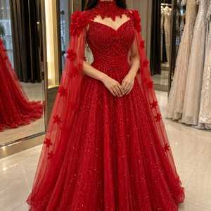 <b>Red</b> Modern Ball Gown Women's Evening Dress Premium Sequined Beaded Embellished <b>Corset</b> Bodice Floral Applique High Neck Chapel - Product Image 1