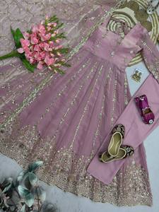Elegant Pink Organza Anarkali Dress With Gold Embroidery Full Sleeve A-Line Maxi Gown Square Neck Sheer Layer Design - Product Image 4