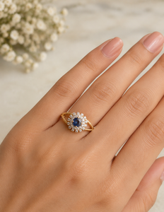 Bague de mariage de luxe pour femme en or massif 14 carats, 2,735 g, onyx bleu, taille brillant rond, sertie pavé, motif floral - Product Image 2