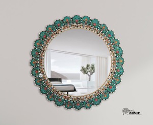 Hand-Painted Turquoise & Floral Scalloped Crystal Glass <b>Round</b> <b>Wall</b> <b>Mirror</b> 5mm Thick REHMAN CRAFT - Product Image 1