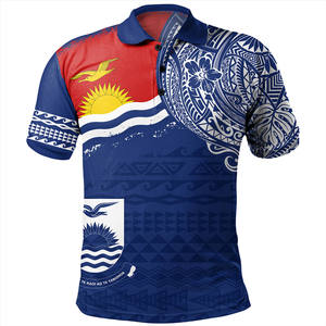 Polo à manches courtes pour homme, imprimé polynésien Kiribati, décontracté, 100% polyester tissé, coupe classique, avec logo emblème national sur le devant - Product Image 5