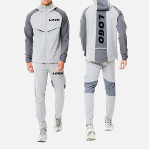 Men's Gray Polyester Tracksuit Set Full <b>Zip</b> <b>Hooded</b> Sporty Windbreaker Jacket and Pants with Side Pockets Quick Dry Design - Product Image 1