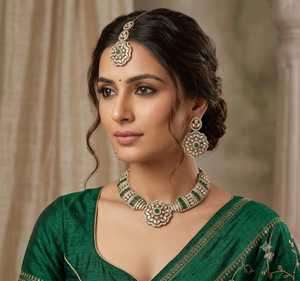 Luxury <b>Ruby</b> Emerald American Diamond Choker <b>Necklace</b> Set with Earrings and Maang Tikka Gold Plated Bridal Wedding Jewelry Set - Product Image 2