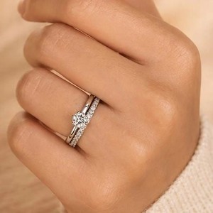 Half Eternity IGI Certified 10K 14K 18K Solid Gold Round Lab Grown Diamond Prong Solitaire Ring Double Band <b>Wedding</b> Bridal Band - Product Image 4