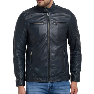 Chaqueta de cuero genuino suave con detalles minimalistas para hombre, chaqueta de motociclista de cuero genuino envejecido para hombre - Product Image 1